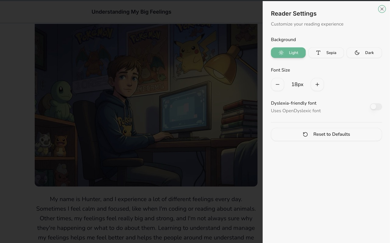 GrowTale accessibility settings on desktop showing large text and dyslexia-friendly options